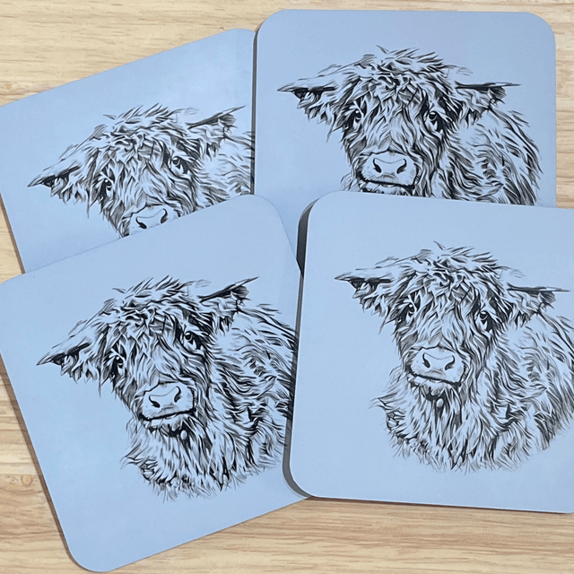 Highland Cow Coasters. Choice of colours with a glossy finish. The size is 9.8cm x 9.8cm x 0.4cm