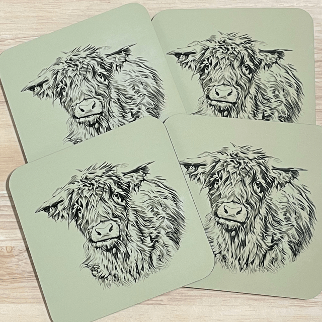 Highland Cow Coasters. Choice of colours with a glossy finish. The size is 9.8cm x 9.8cm x 0.4cm