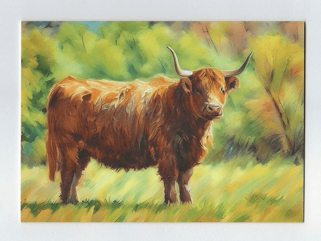 Highland Cow Greetings Card. Painterly style colour digital sketch. 148mmx105mm.
