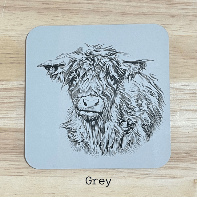 Highland Cow Coasters. Choice of colours with a glossy finish. The size is 9.8cm x 9.8cm x 0.4cm