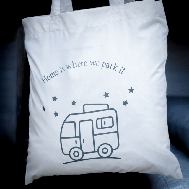 Tote Bag, camping themed - Caravan, Campervan or Tent. 100% Polyester, size 41cm x 37cm.