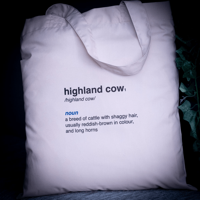 Tote Bag, Highland Cow design. 100% Polyester, size 41cm x 37cm / 16.1” x 14.6”.