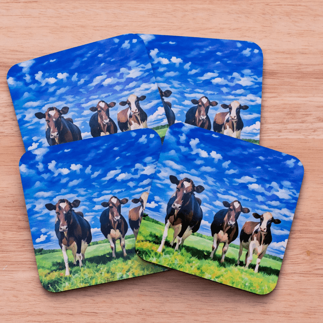 Friesian Cow Coaster, cork backed in Vibrant colours with a glossy finish. 9.8cm x 9.8cm x 0.4cm