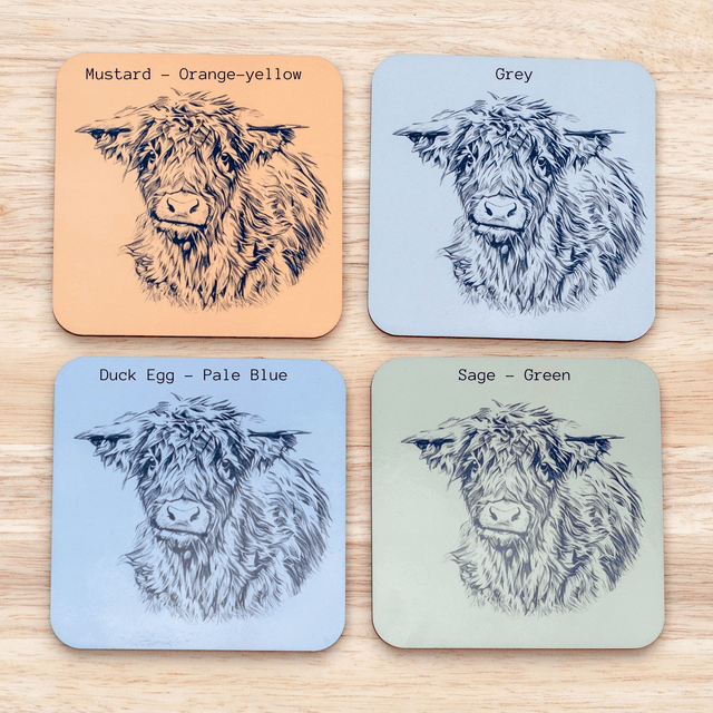 Highland Cow Coasters. Choice of colours with a glossy finish. The size is 9.8cm x 9.8cm x 0.4cm
