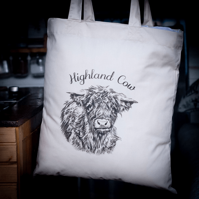 Tote Bag, Highland Cow design. 100% Polyester, size 41cm x 37cm / 16.1” x 14.6”.
