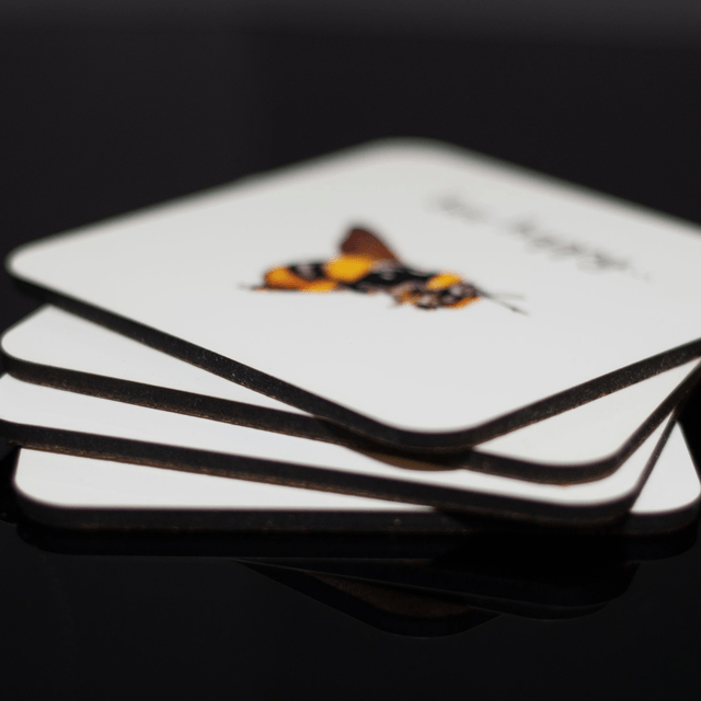 Bumblebee Coaster - Vibrant colours with a glossy finish. 9.8cm x 9.8cm x 0.4cm