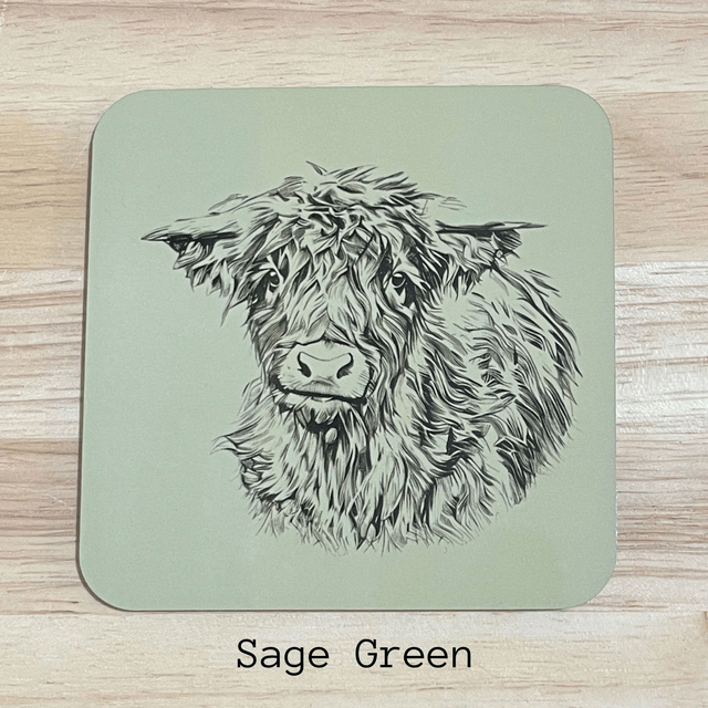 Highland Cow Coasters. Choice of colours with a glossy finish. The size is 9.8cm x 9.8cm x 0.4cm