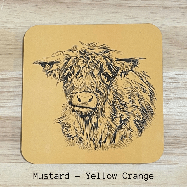 Highland Cow Coasters. Choice of colours with a glossy finish. The size is 9.8cm x 9.8cm x 0.4cm