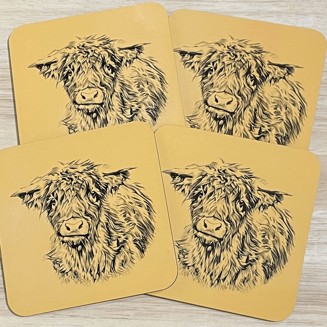 Highland Cow Coasters. Choice of colours with a glossy finish. The size is 9.8cm x 9.8cm x 0.4cm