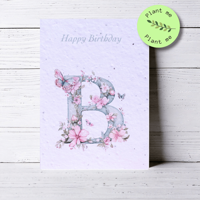 Plantable Initial Birthday card in pretty pastel tones with flowers.