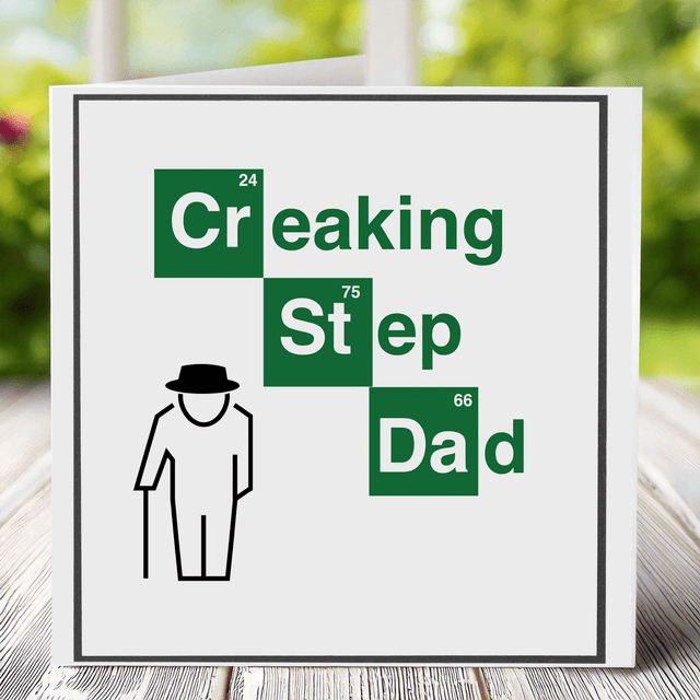 Father’s Day card with a Creaking Dad & Walking Stick theme in vibrant green, framed in black.