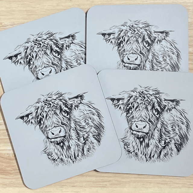 Highland Cow Coasters. Choice of colours with a glossy finish. The size is 9.8cm x 9.8cm x 0.4cm