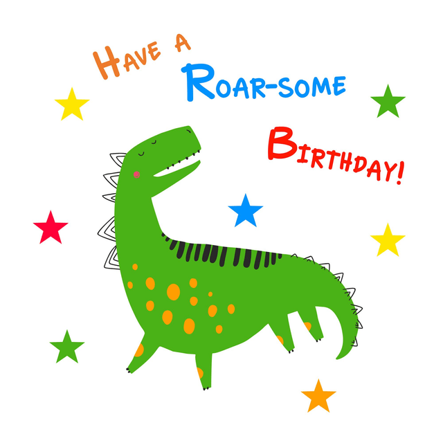 Children’s Birthday Dinosaur card with the text ‘Have a Roar-some Birthday’ in vibrant tones.
