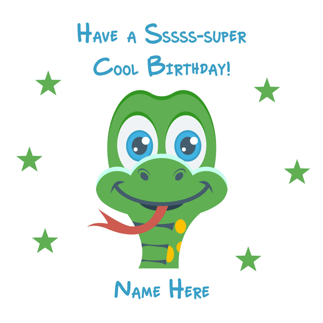 Personalised Children’s Birthday Snake card with the text ‘Have a Ssss-super Cool Birthday’ in lovely, vibrant tones.