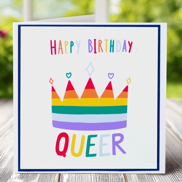 Birthday Card with pride Queer theme in vibrant rainbow tones. 135mm x 135mm
