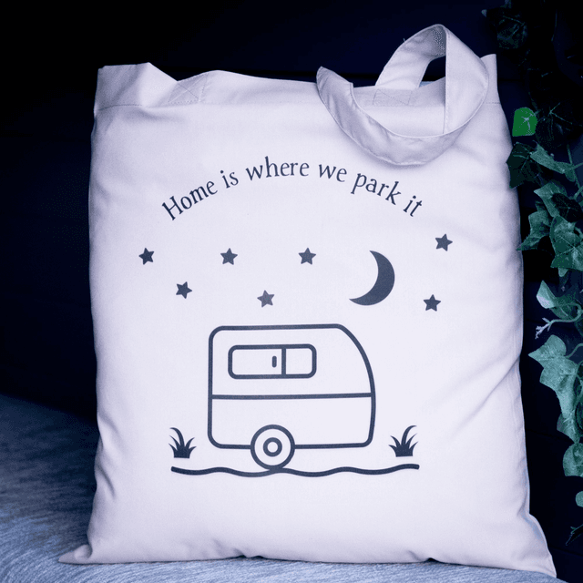Tote Bag, camping themed - Caravan, Campervan or Tent. 100% Polyester, size 41cm x 37cm.