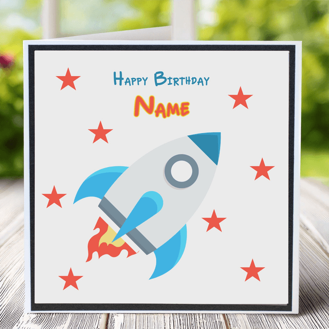 Personalised Children’s Birthday Rocket card in vibrant tones.