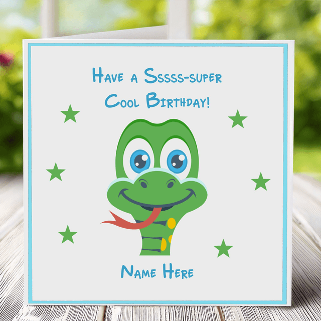 Personalised Children’s Birthday Snake card with the text ‘Have a Ssss-super Cool Birthday’ in lovely, vibrant tones.