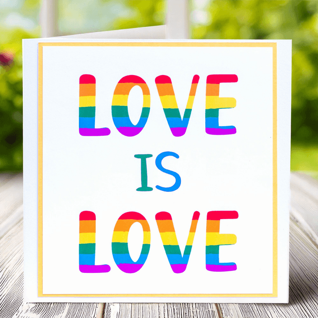 Greetings Card with Love is Love pride theme in vibrant rainbow tones. 