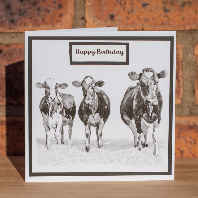 Friesian Cow Birthday Card, can be personalised. Handmade, Black and White Sketch