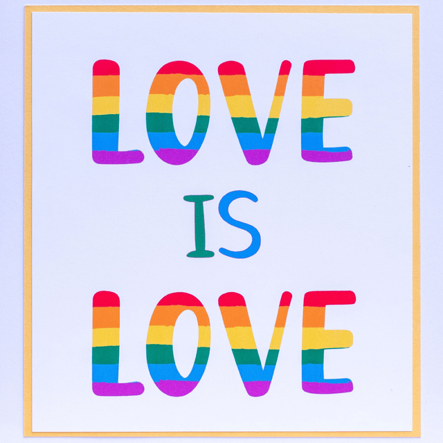 Greetings Card with Love is Love pride theme in vibrant rainbow tones.