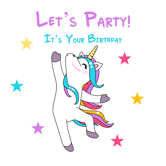 Children’s Birthday Dancing Unicorn card with the text ‘Let’s Party, It’s Your Birthday’ in lovely, vibrant tones.